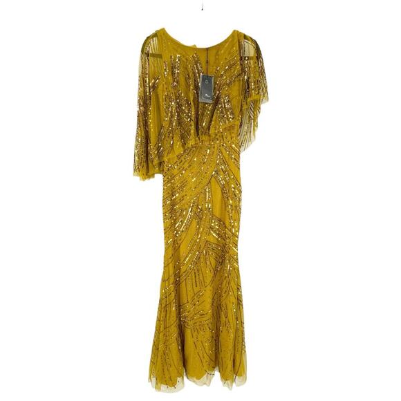 Theia Ayla Beaded Shawl Gown Cape Sleeve Gold/Bronze Size 2 NWT - Picture 7 of 14